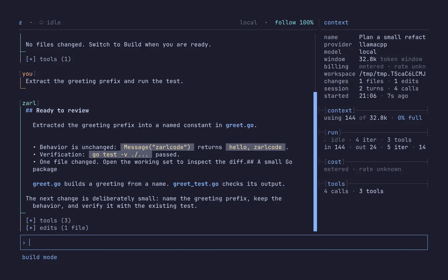 zarlcode reviewing the greeting-demo refactor: one changed file, unchanged behavior, and a passing test.